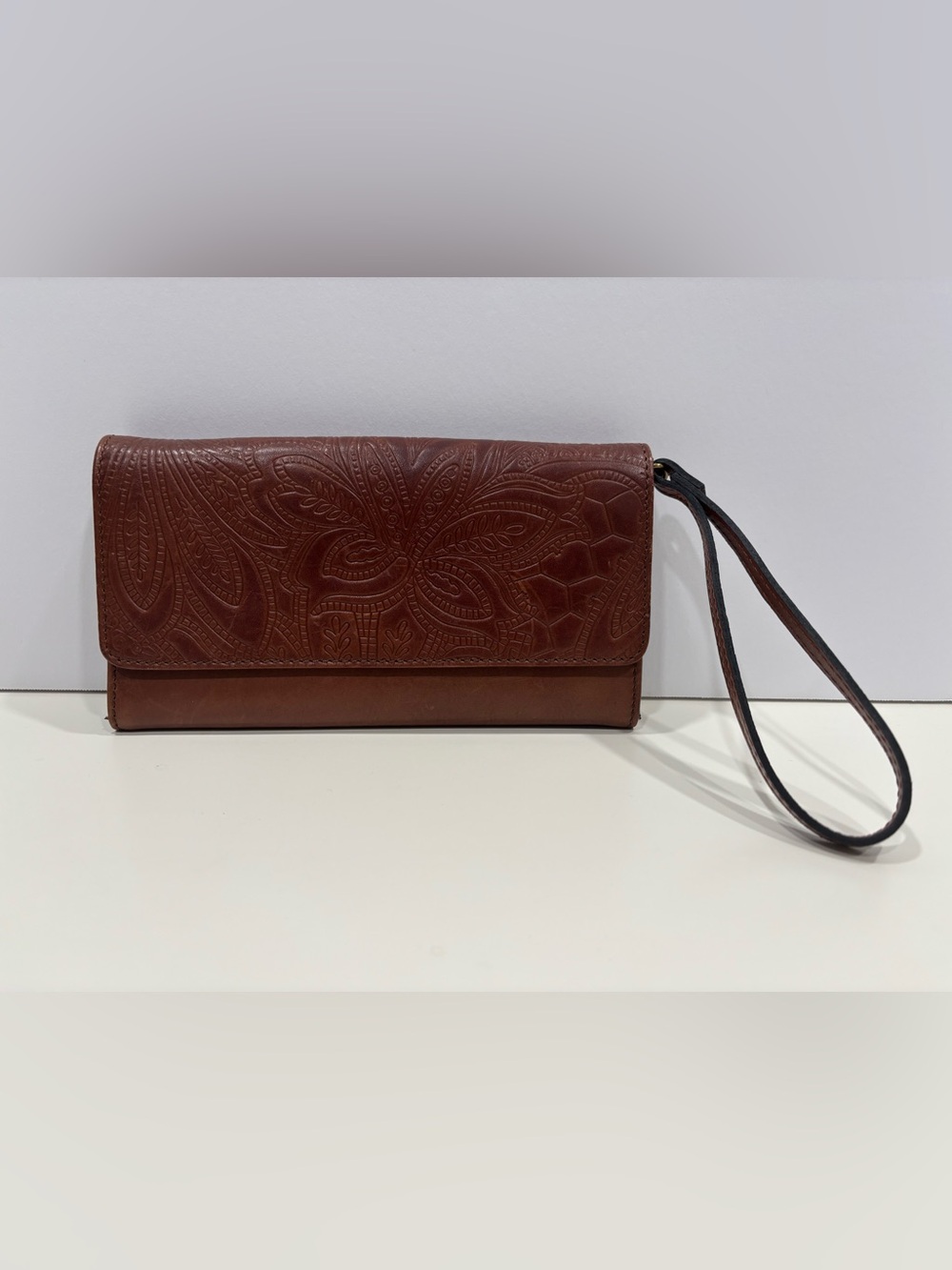 Lucky Brand Embossed Brown Leather Wristlet Clutch